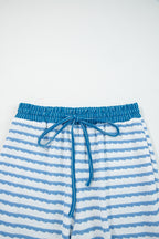 Sky Blue Stripe Collared Pullover Top and Drawstring Pant Set