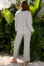 Sky Blue Stripe Collared Pullover Top and Drawstring Pant Set