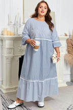 Sky Blue Stripe Crisscross Lace Detail Mixed Striped Patchwork Plus Size Shift Long Dress