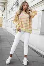 Yellow Stripe Stylish Overlap Detail Drop Shoulder Pullover Sweatshirt