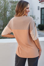 Pink Color Block Ribbed Side Slits Half Sleeve Top