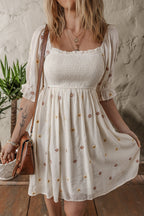 Beige Embroidered Flower Smocked Bust Half Puff Sleeve Empire Waist Textured Flowy Dress