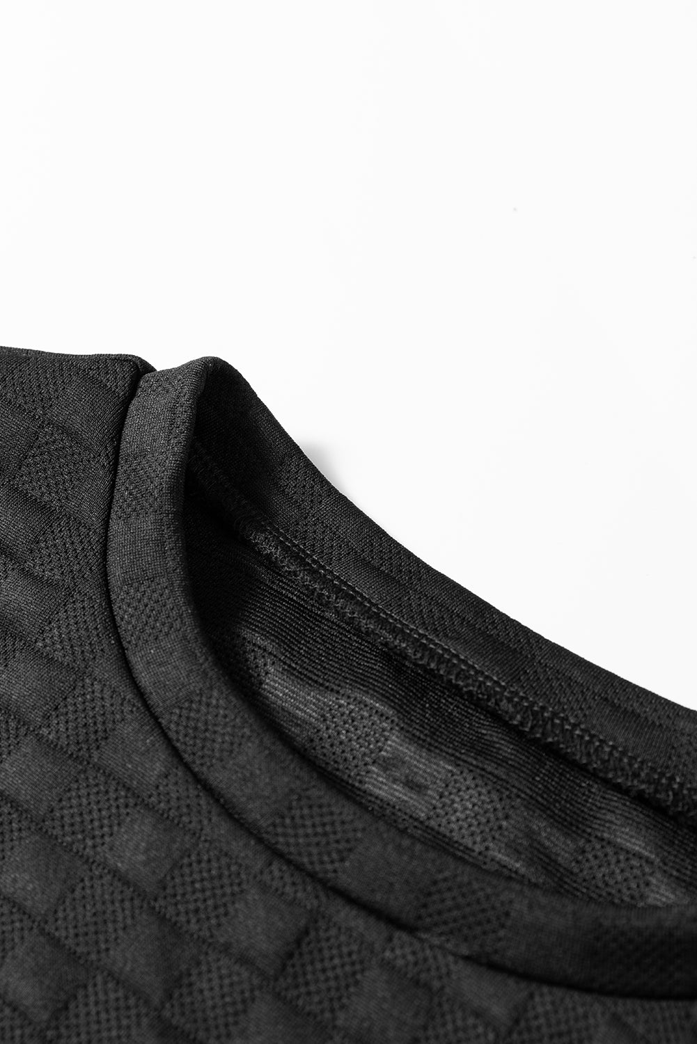 Black Plaid Textured Contrast Checkered Patchwork Long Sleeve Top