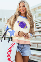 Beige Sequin Rugby Graphic Starry Patched Contrast Trim Game Day Sweatshirt