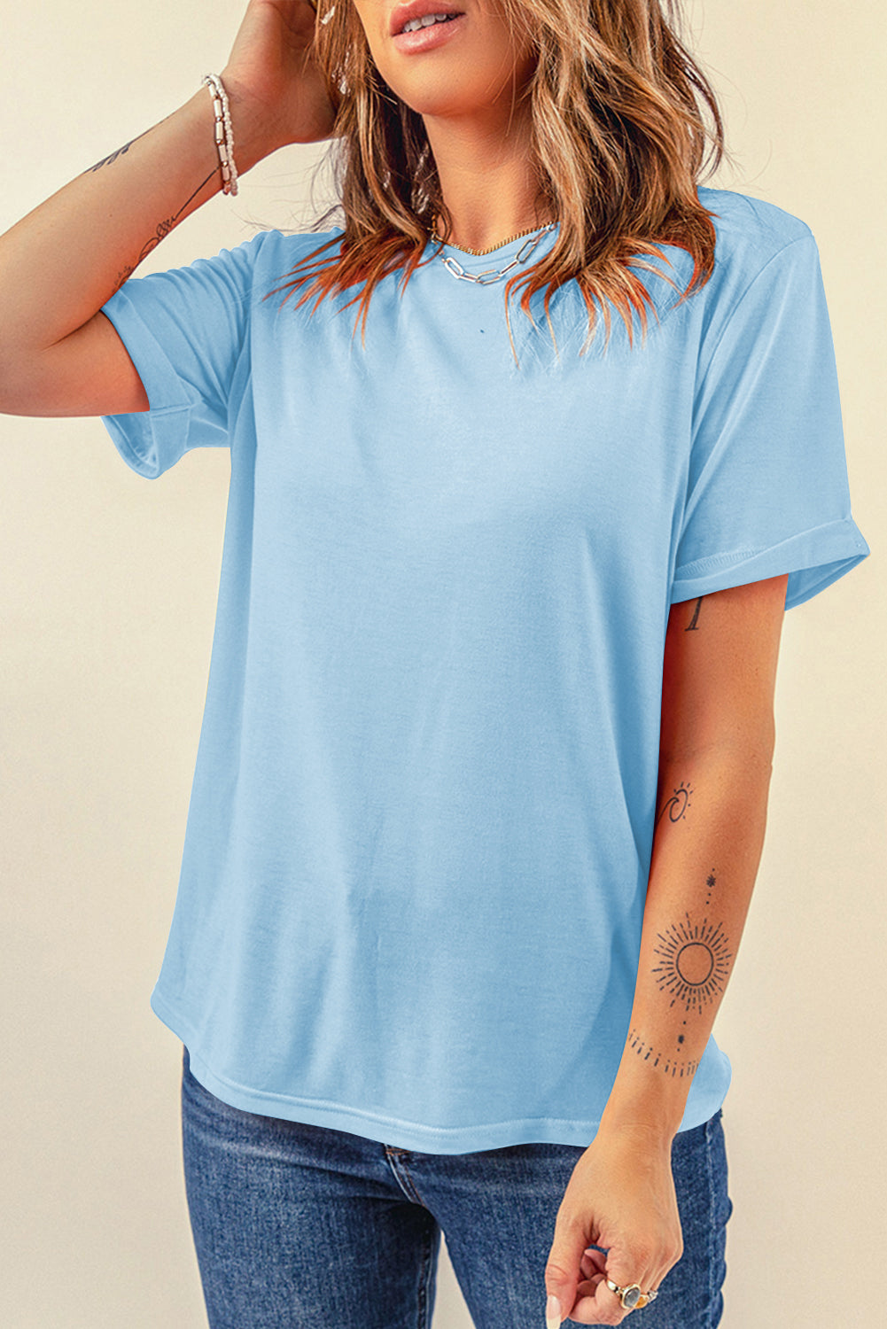 Orange Casual Plain Crew Neck Tee