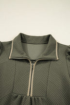 Jungle Green Quarter Zip Collar Bracelet Sleeve Textured Mini Dress