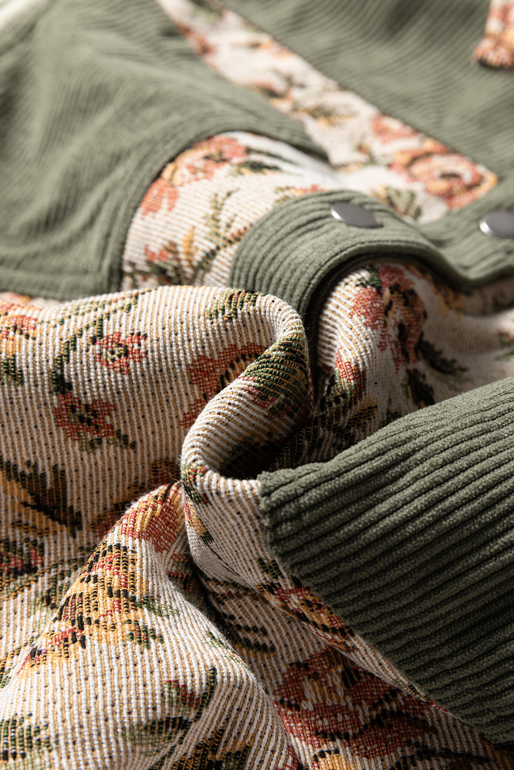 Medium Grey Ribbed Retro Floral Patchwork Shirt Style Jacket