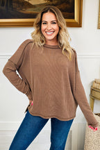 Dark Khaki Twist Ribbed Exposed Seam Detail Long Sleeve Loose Top