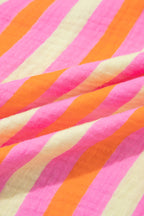 Pink Stripe Crinkled Half Buttons V Neck Plus Size Blouse