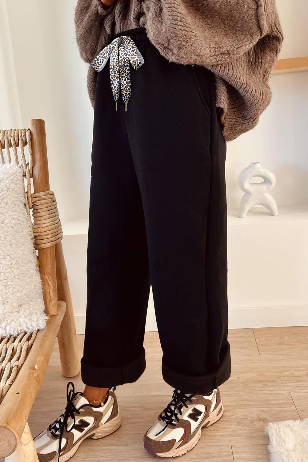Coffee Fleece Lined Leopard Drawstring Elastic Waist Solid Pants