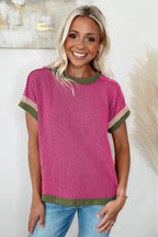 Rose Red Textured Contrast Trim Round Neck T Shirt