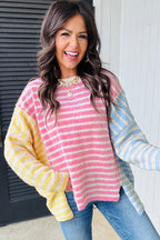 Multicolour Color Block Striped Patchwork Dolman Sleeve Slit Sweater