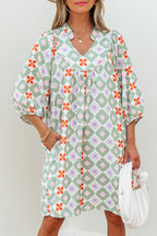 Green Geometric Floral Print 3/4 Sleeve Notched Neck Mini Dress