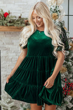 Evergreen Sequin Puff Sleeve High Waist Tiered Velvet Mini Dress