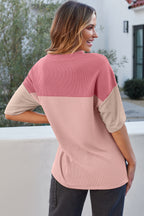 Pink Color Block Ribbed Side Slits Half Sleeve Top