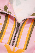 Pink Floral Print Zip Neck Striped Patchwork Long Sleeve Drawstring Dress