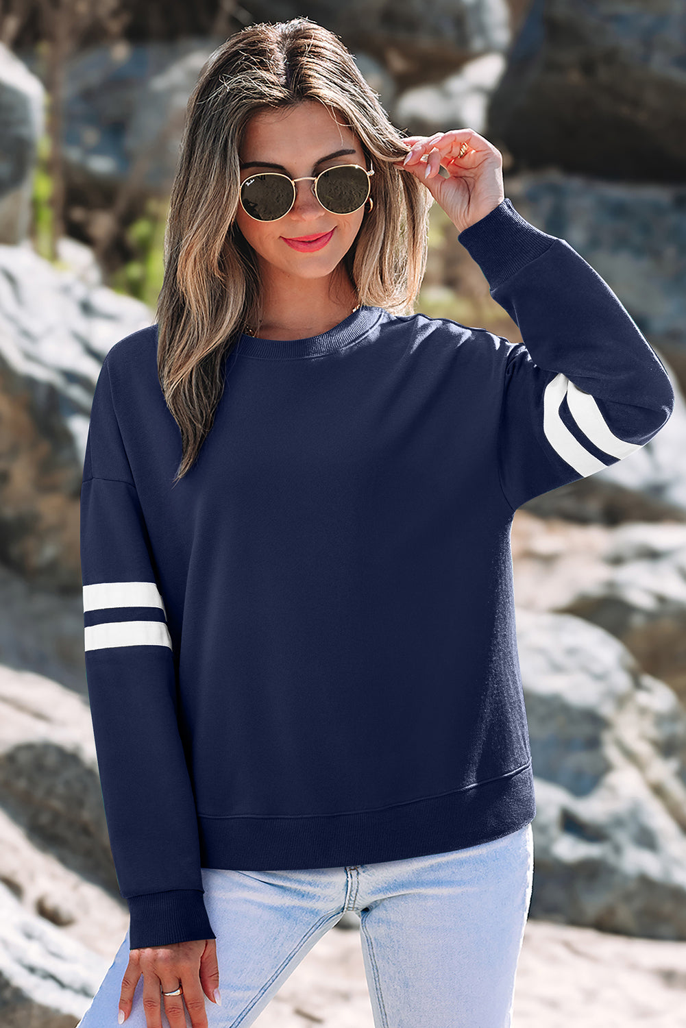 Rose Red Varsity Striped Detail Drop Shoulder Oversized Sweatshirt