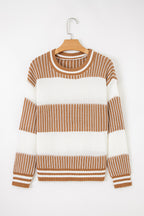 Khaki Two Tone Striped Patchwork Drop Shoulder Loose Sweater