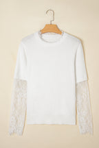 Beige Lace Sleeve Patchwork Faux Two-piece Fuzzy Sweater