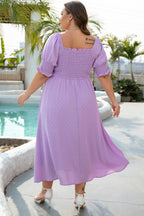 Wisteria Swiss Dot Smocked Frilled Neckline Short Sleeve Plus Size Dress