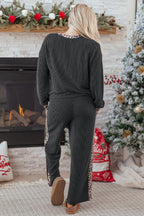 Carbon Grey Twisted Rib Texture Leopard Patchwork Detail 2pcs Pant Set