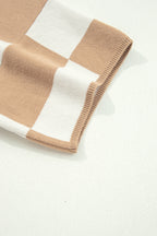 Light French Beige Checkered Pattern Loose Drop Shoulder Half Sleeve Sweater