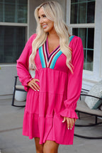 Rose Red Colorful Crochet V Neck Textured Tiered Ruffled Long Sleeve Mini Dress