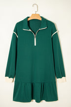 Evergreen Contrast Trim Zip Collar Long Sleeve Ruffle Hem Mini Dress
