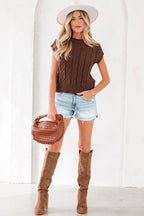 Dark Brown Cable Texture Crew Neck Short Sleeve Sweater Top