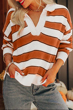 Brown Stripe Ribbed Polo Collar Drop Shoulder Sweater