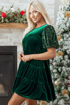 Evergreen Sequin Puff Sleeve High Waist Tiered Velvet Mini Dress
