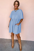 Sky Blue Solid Color Pocketed Raw Edge Babydoll Dress