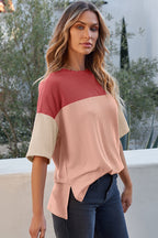 Pink Color Block Ribbed Side Slits Half Sleeve Top