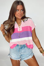Pink Color Block Notch V Neck Sweater T Shirt