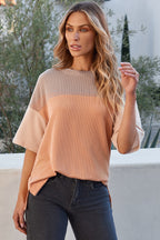 Pink Color Block Ribbed Side Slits Half Sleeve Top