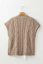 Simply Taupe Cable Knit Colorblock Satin Bowknot Short Sleeve Sweater