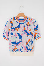 Apricot Abstract Pattern Knit Contrast Striped Trim Short Sleeve Sweater