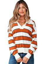 Brown Stripe Ribbed Polo Collar Drop Shoulder Sweater