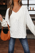 White Twisted Rib Patchwork Embroidered Loose V Neck Long Sleeve Top