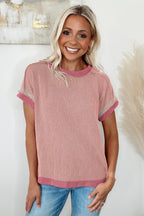Sky Blue Textured Contrast Trim Round Neck T Shirt