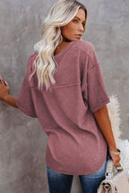 Purple Exposed Seam Half Sleeve Knitted V Neck Textured Top