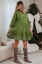 Jungle Green Contrast Stitched V Neck 3/4 Sleeve Tiered Mini Dress