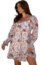 White Floral Print Sweetheart Neck Long Sleeve High Waist Mini Dress
