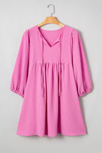 Sachet Pink Plus Size Textured Tie Split Neck Puff Sleeve Flowy Mini Dress