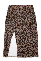 Brown Leopard Denim Frayed Split Denim Midi Skirt