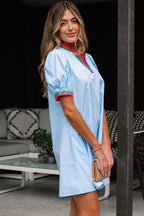 Myosotis Contrast Striped Notched V Neck Puff Sleeve Mini Dress