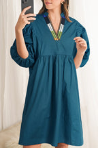 Blue Sapphire Colorblock Split V Neck Puff Sleeve Mini Dress