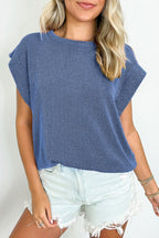 Gray Twisted Rib Wide Sleeve Crew Neck T Shirt