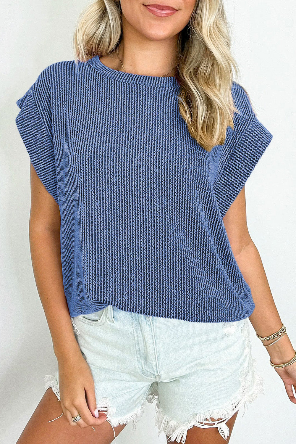 Gray Twisted Rib Wide Sleeve Crew Neck T Shirt