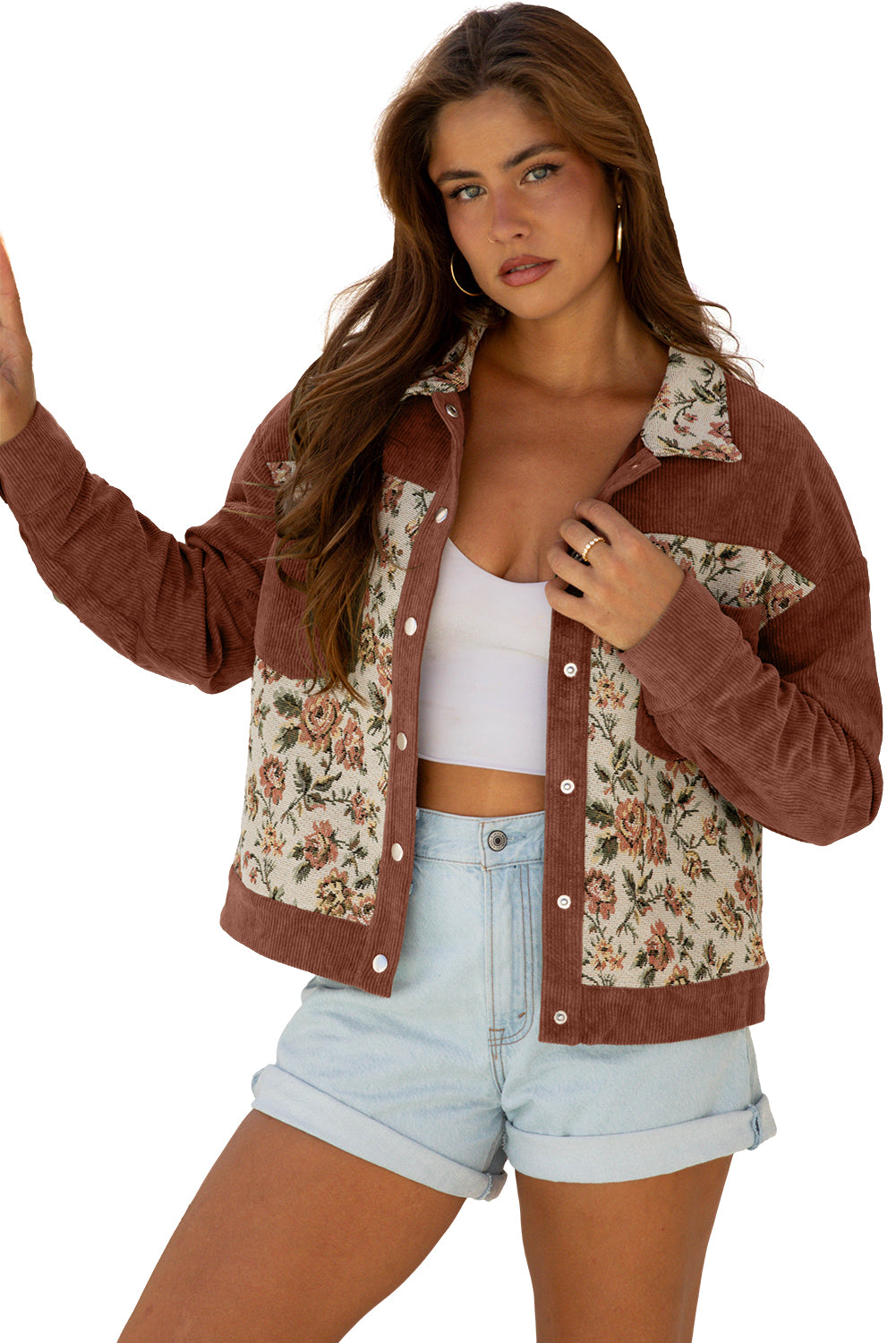 Medium Grey Ribbed Retro Floral Patchwork Shirt Style Jacket